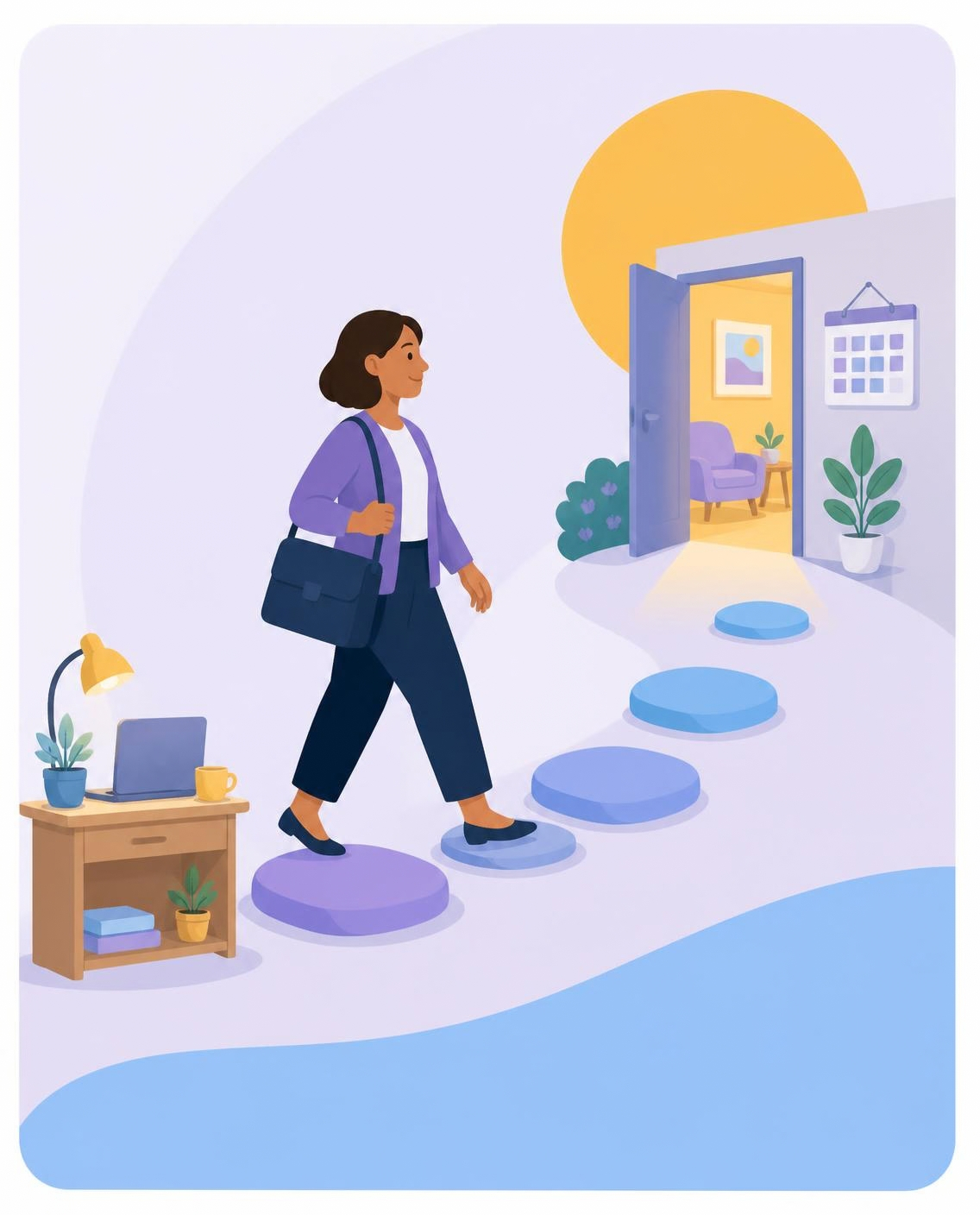 A clinician walks on stepping stones toward an open door and a bright treatment room