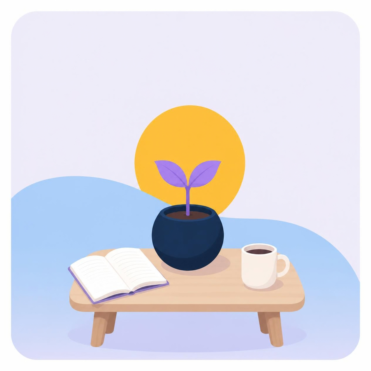 A seedling in a pot beside an open book and a mug