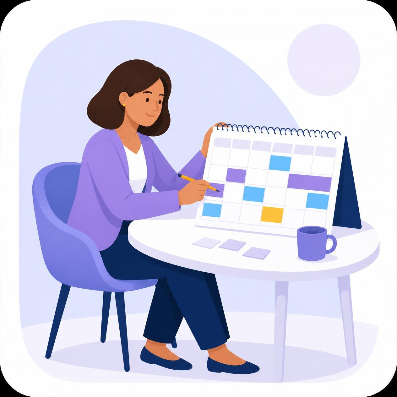 A clinician plans a client calendar with a pencil
