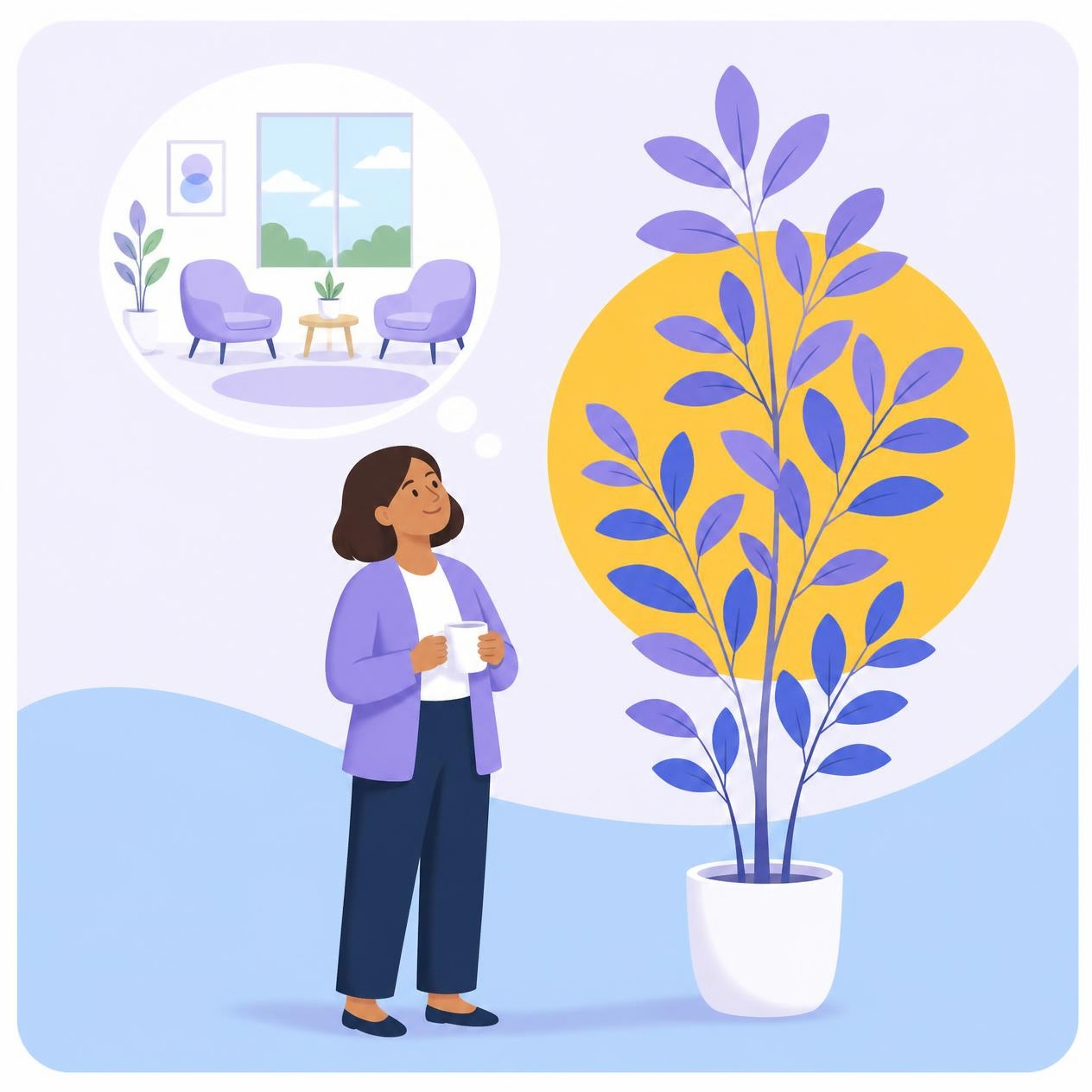 A clinician imagines her future treatment room next to a tall plant