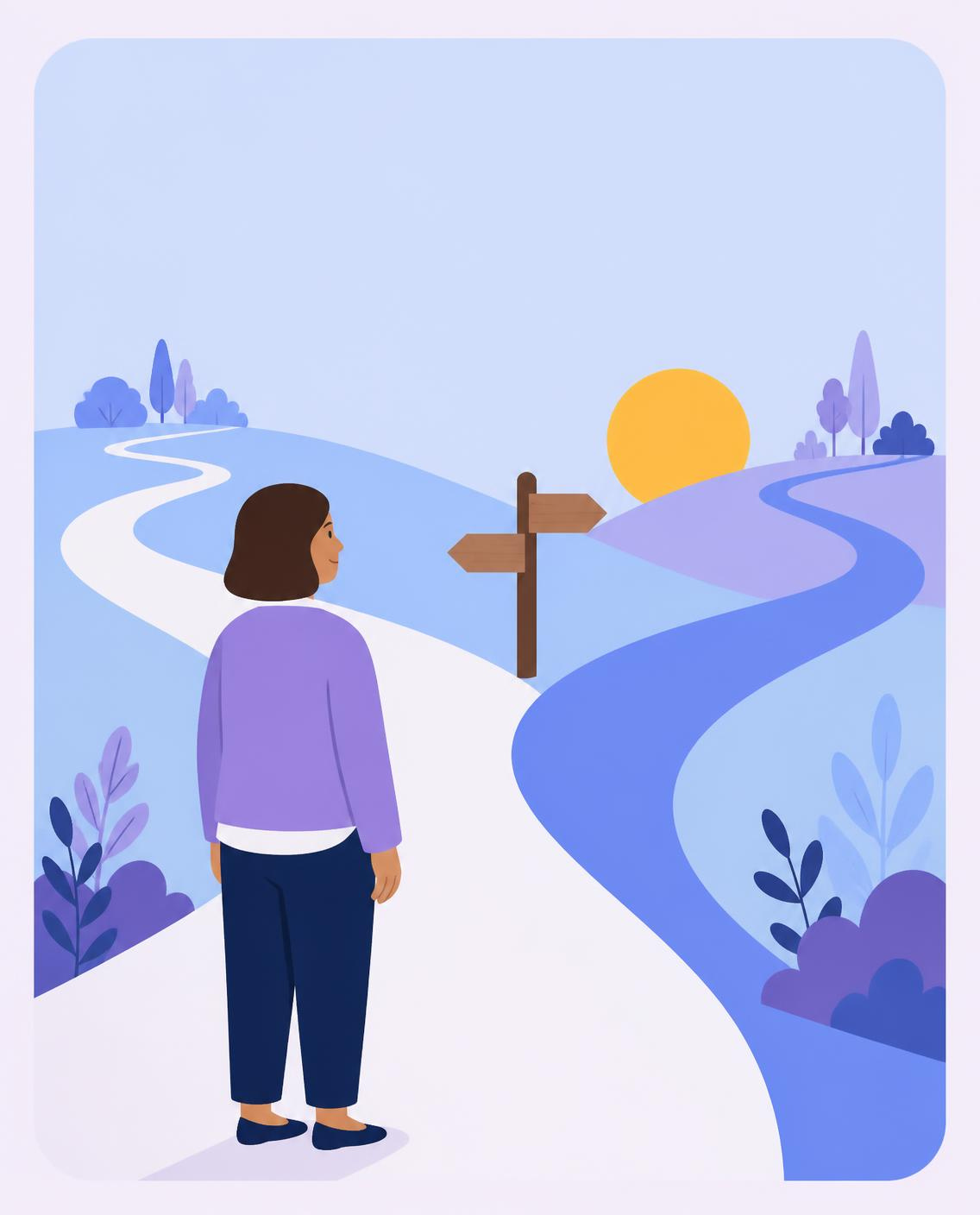 A clinician stands at a fork in the path, looking at a signpost
